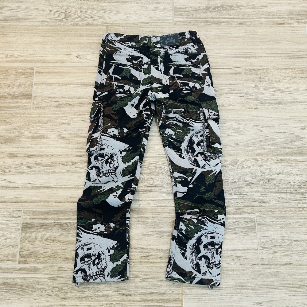 Rebel Vengeance Skull Camo Tapestry Cargo Pants Black Green Mens 30x32 Fringe - Picture 9 of 12